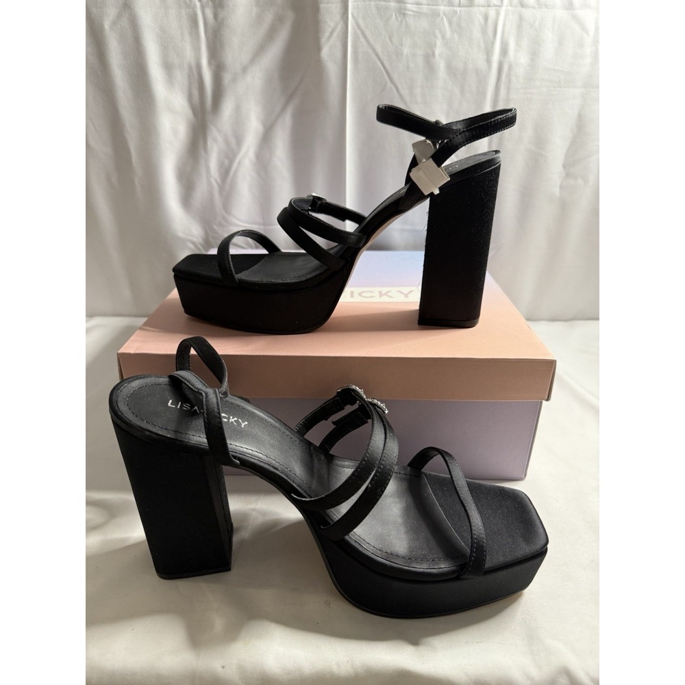 Lisa Vicky Nordstrom Women Sandals Size 10 Babe-V Black Satin Strappy Platform